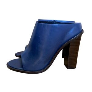 Tibi Leona Blue Leather Brown Stacked Heel Open Toe Mules 37.5